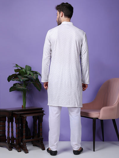 Hangup Men Partywear Embroidered  White Kurta Pyjama Set