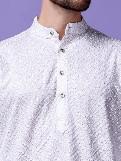 Hangup Men Partywear Embroidered  White Kurta Pyjama Set
