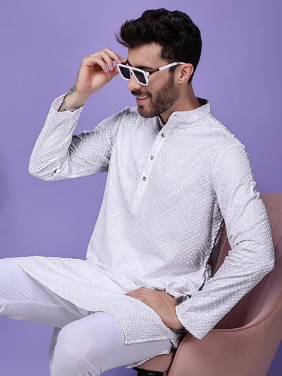 Hangup Men Partywear Embroidered  White Kurta Pyjama Set