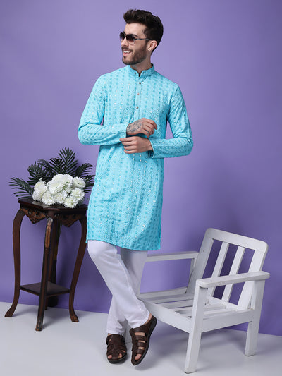 Hangup Men Partywear Embroidered  Sky Blue Kurta Pyjama Set