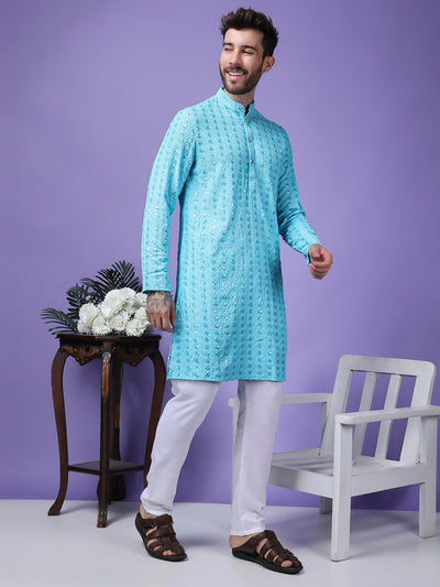 Hangup Men Partywear Embroidered  Sky Blue Kurta Pyjama Set