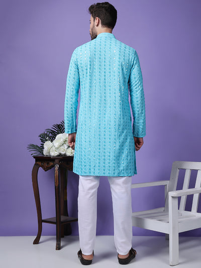 Hangup Men Partywear Embroidered  Sky Blue Kurta Pyjama Set