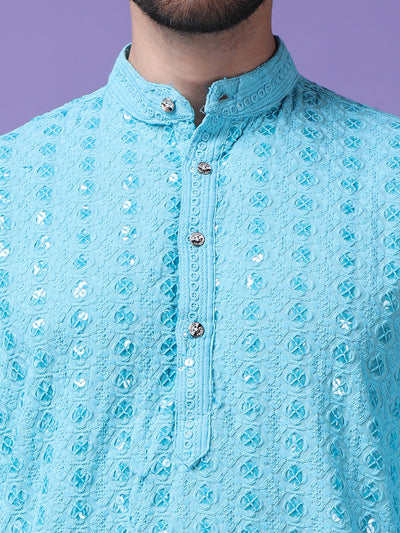 Hangup Men Partywear Embroidered  Sky Blue Kurta Pyjama Set