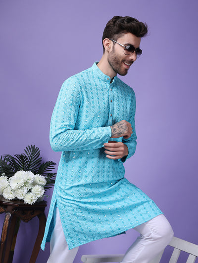 Hangup Men Partywear Embroidered  Sky Blue Kurta Pyjama Set