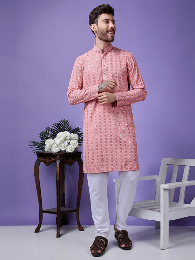 Hangup Men Partywear Embroidered  Pink Kurta Pyjama Set