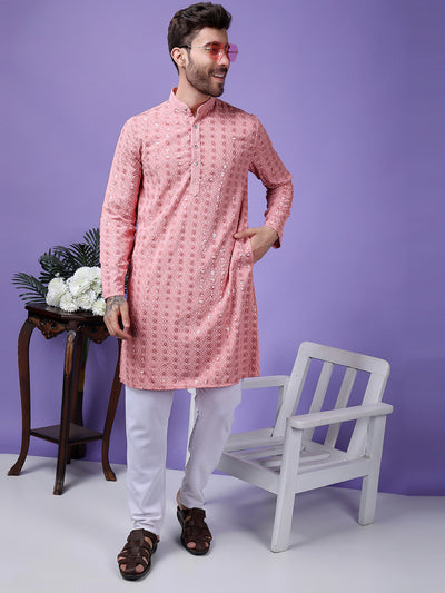 Hangup Men Partywear Embroidered  Pink Kurta Pyjama Set