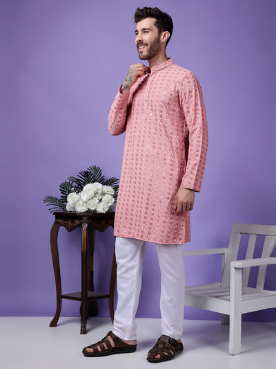 Hangup Men Partywear Embroidered  Pink Kurta Pyjama Set