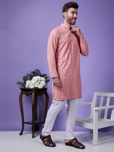 Hangup Men Partywear Embroidered  Pink Kurta Pyjama Set