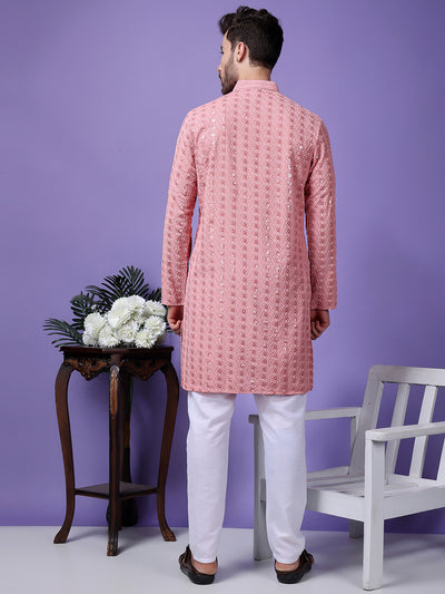 Hangup Men Partywear Embroidered  Pink Kurta Pyjama Set