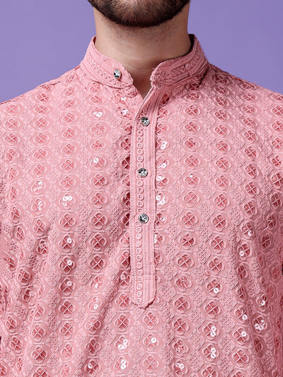 Hangup Men Partywear Embroidered  Pink Kurta Pyjama Set