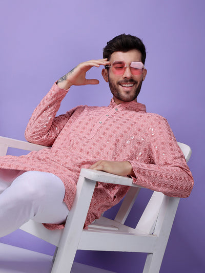 Hangup Men Partywear Embroidered  Pink Kurta Pyjama Set
