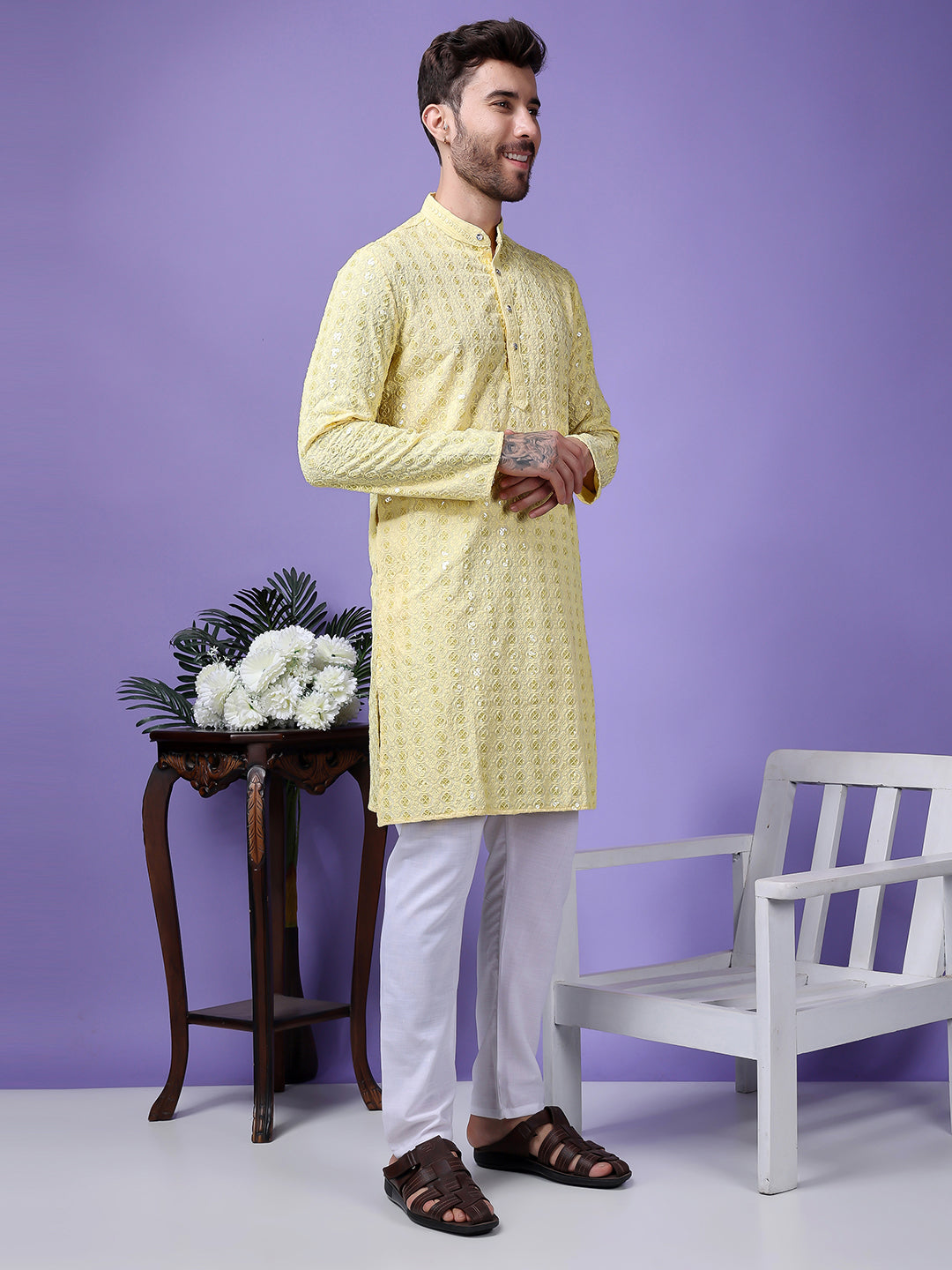 Hangup Men Partywear Embroidered  Yellow Kurta Pyjama Set