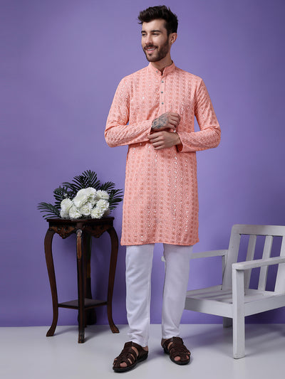 Hangup Men Partywear Embroidered  Pink Kurta Pyjama Set