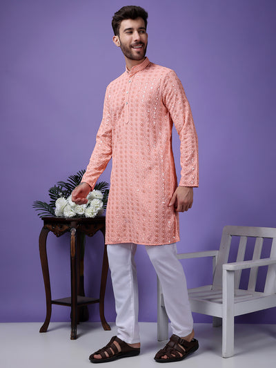 Hangup Men Partywear Embroidered  Pink Kurta Pyjama Set