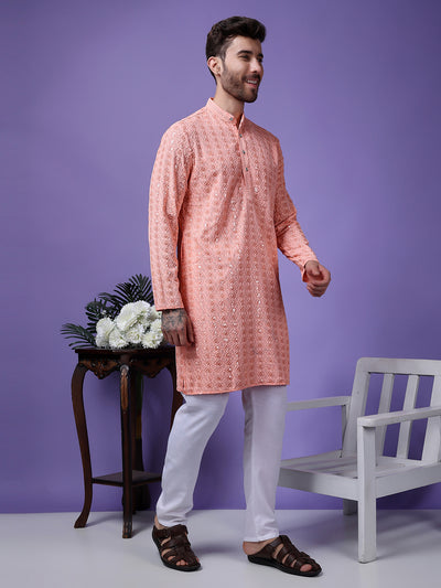 Hangup Men Partywear Embroidered  Pink Kurta Pyjama Set