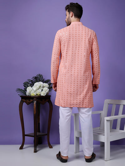 Hangup Men Partywear Embroidered  Pink Kurta Pyjama Set