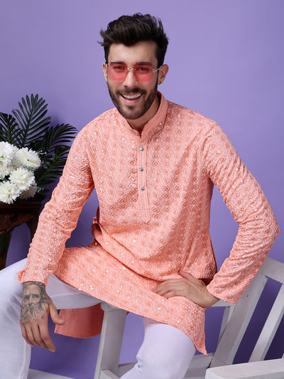 Hangup Men Partywear Embroidered  Pink Kurta Pyjama Set