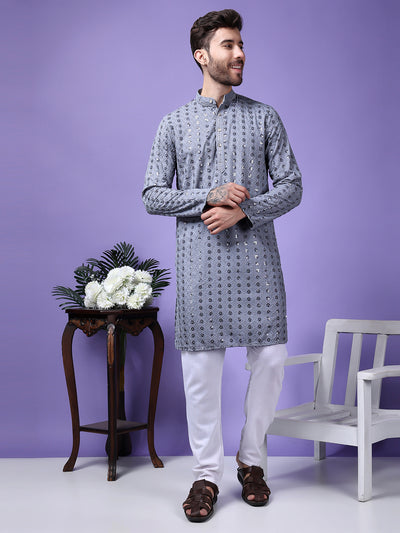 Hangup Men Partywear Embroidered  Grey Kurta Pyjama Set