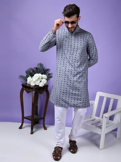 Hangup Men Partywear Embroidered  Grey Kurta Pyjama Set