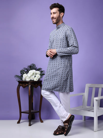 Hangup Men Partywear Embroidered  Grey Kurta Pyjama Set