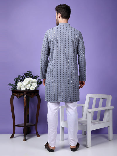 Hangup Men Partywear Embroidered  Grey Kurta Pyjama Set