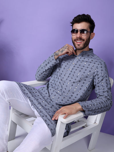 Hangup Men Partywear Embroidered  Grey Kurta Pyjama Set