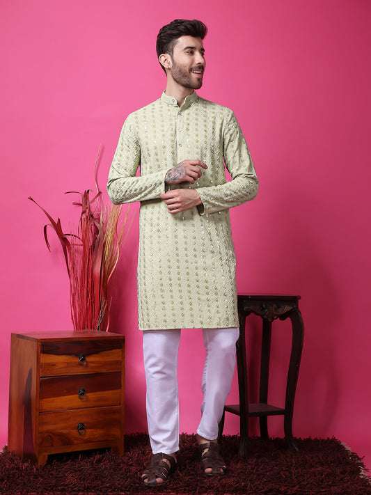 Hangup Men Partywear Embroidered  Olive Kurta Pyjama Set