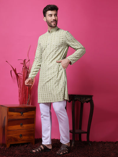 Hangup Men Partywear Embroidered  Olive Kurta Pyjama Set