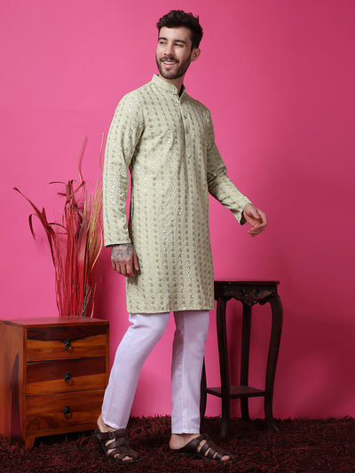 Hangup Men Partywear Embroidered  Olive Kurta Pyjama Set