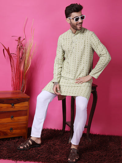 Hangup Men Partywear Embroidered  Olive Kurta Pyjama Set