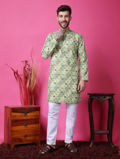 Hangup Men Partywear Embroidered  Green Kurta Pyjama Set