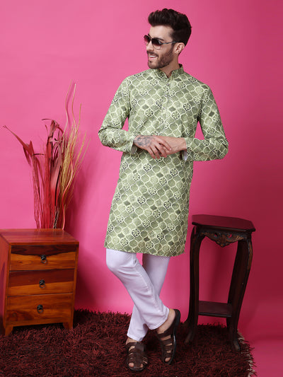 Hangup Men Partywear Embroidered  Green Kurta Pyjama Set