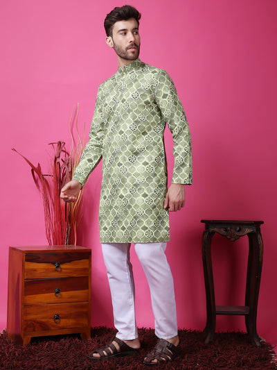 Hangup Men Partywear Embroidered  Green Kurta Pyjama Set