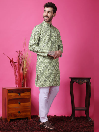 Hangup Men Partywear Embroidered  Green Kurta Pyjama Set