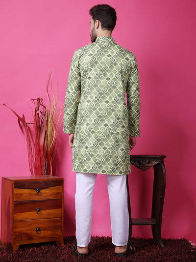 Hangup Men Partywear Embroidered  Green Kurta Pyjama Set