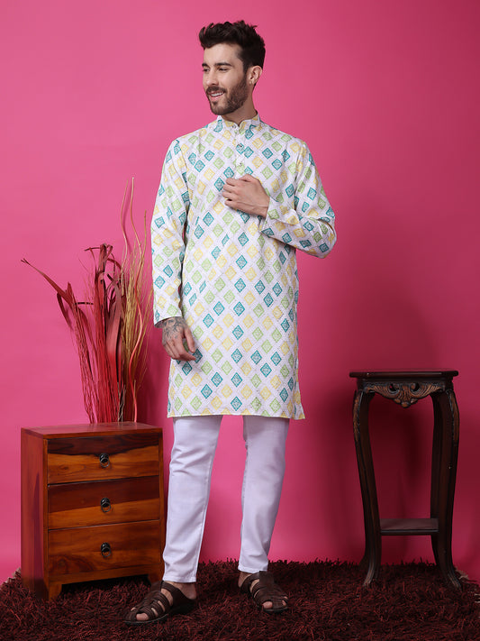 Hangup Men Partywear Embroidered  White Kurta Pyjama Set