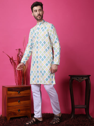 Hangup Men Partywear Embroidered  White Kurta Pyjama Set