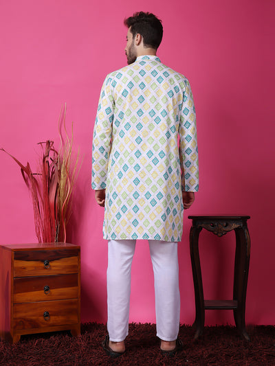 Hangup Men Partywear Embroidered  White Kurta Pyjama Set