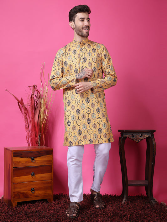 Hangup Men Partywear Embroidered  Golden  Kurta Pyjama Set