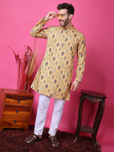 Hangup Men Partywear Embroidered  Golden  Kurta Pyjama Set