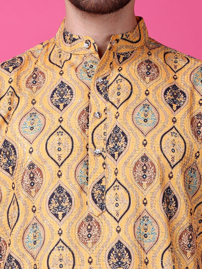 Hangup Men Partywear Embroidered  Golden  Kurta Pyjama Set