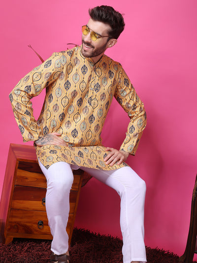 Hangup Men Partywear Embroidered  Golden  Kurta Pyjama Set