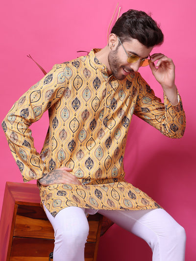 Hangup Men Partywear Embroidered  Golden  Kurta Pyjama Set