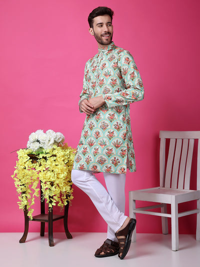 Hangup Men Partywear Embroidered  Sky Blue Kurta Pyjama Set