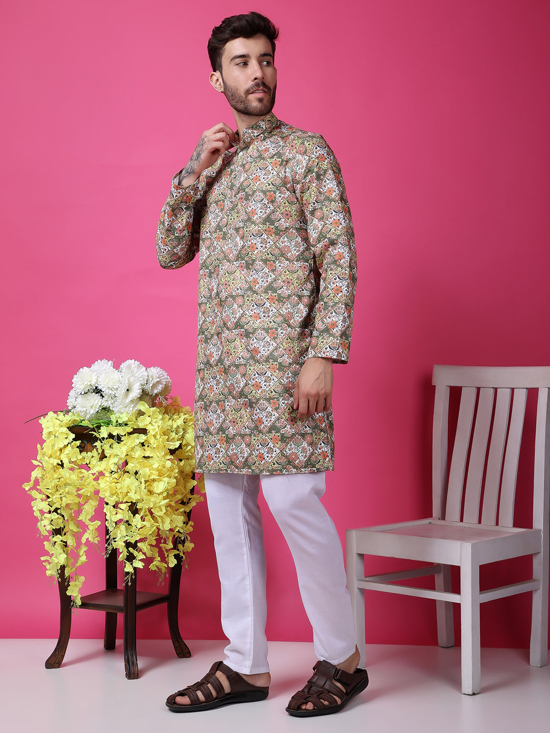 Hangup Men Partywear Embroidered  Multi color Kurta Pyjama Set