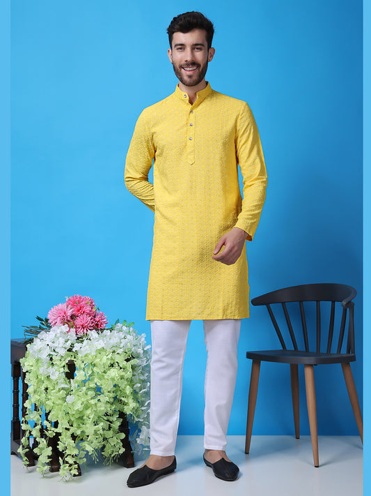 Hangup Men Partywear Embroidered  Yellow Kurta Pyjama Set