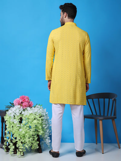 Hangup Men Partywear Embroidered  Yellow Kurta Pyjama Set