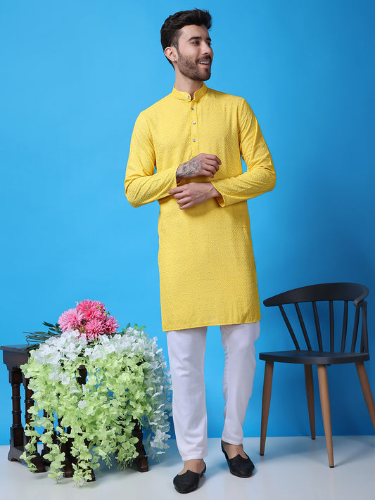 Hangup Men Partywear Embroidered  Yellow Kurta Pyjama Set