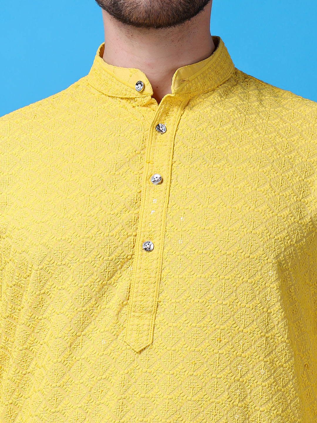 Hangup Men Partywear Embroidered  Yellow Kurta Pyjama Set