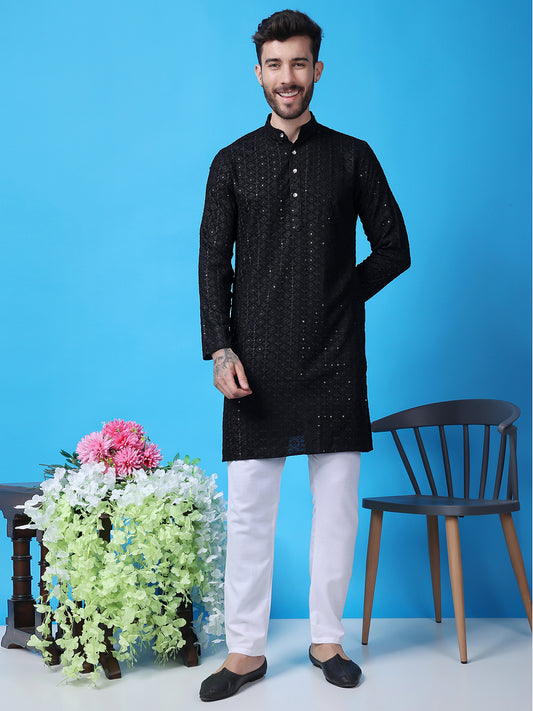 Hangup Men Partywear Embroidered  Black Kurta Pyjama Set